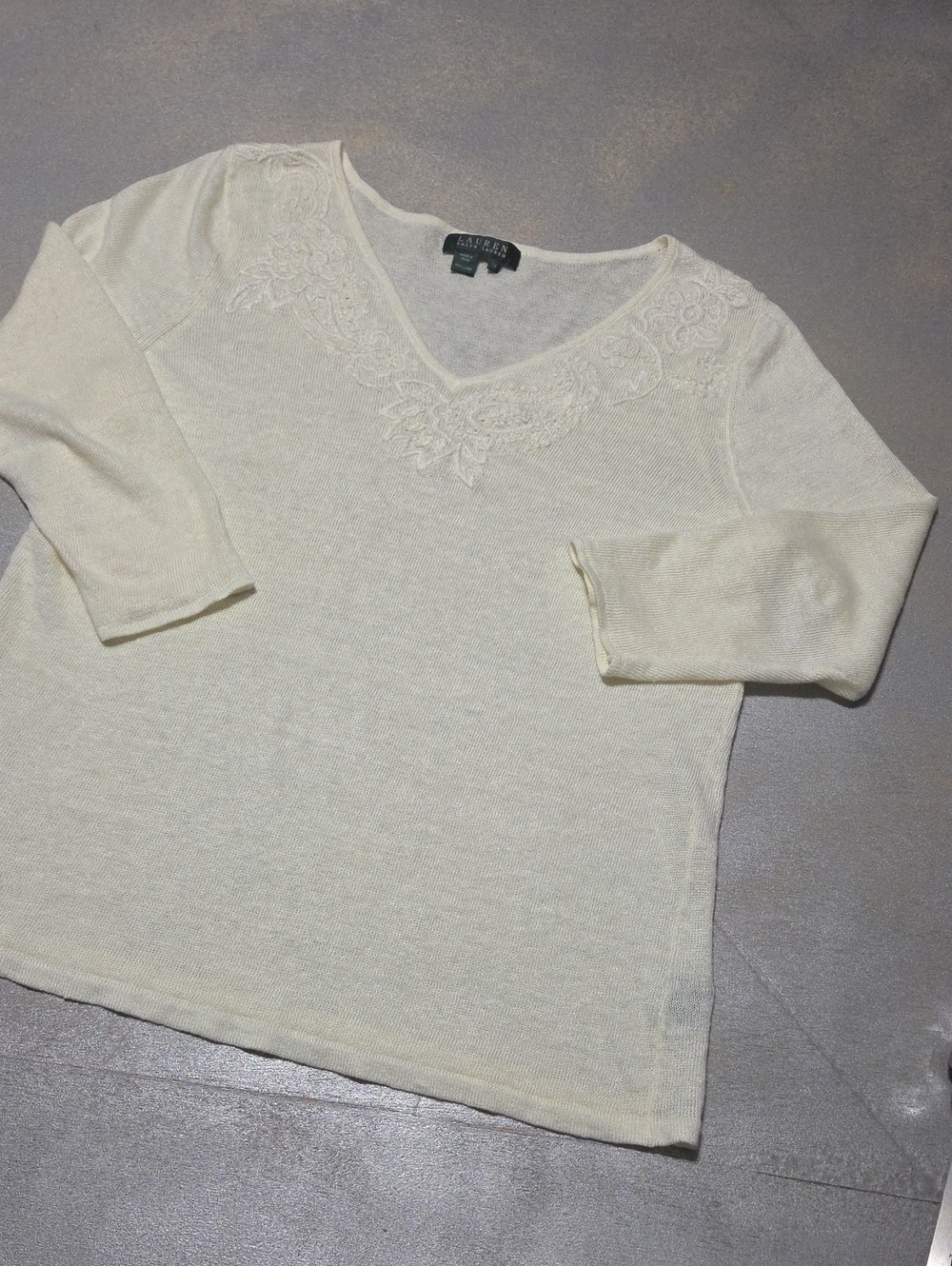 Lauren Ralph Lauren Cream V-Neck Sweater 100% Linen with Floral Lace Trim